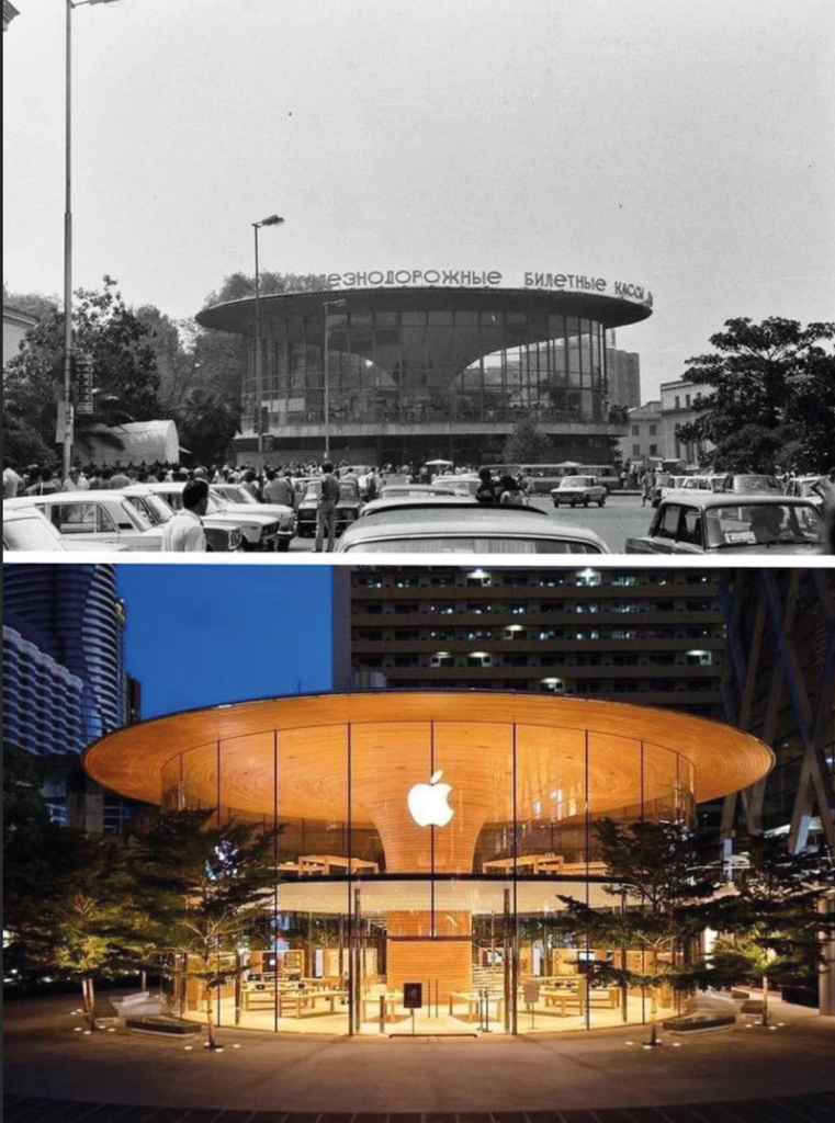 Построенный в 2020 году магазин «Apple Central World» в Бангкоке отсылает к зданию «Круглых касс» 1960-х годов в Сочи